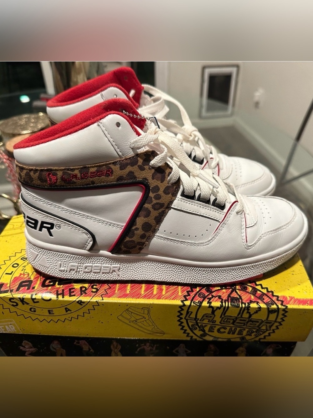 L.A. Gear White & Pink Black High-Top Sneakers with Leopard Accent